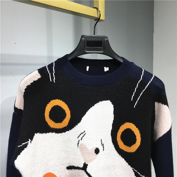 Men's Wool Sweater With Cat Pattern Round Neck Couple Knit Top_voghion.com