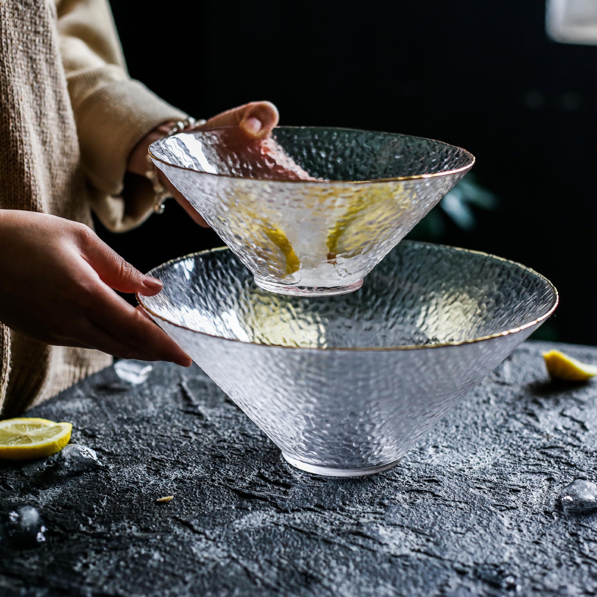 日式斗笠透明金边玻璃碗 小清新家用沙拉碗家居餐具水果碗