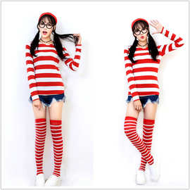 聪明的沃里Where's Wally 动漫人物衣服成人女款红白条纹T恤套装