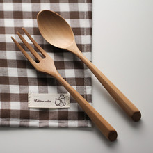 日式木勺木叉子套装 木汤勺小木勺实木餐勺原木长柄水果叉面叉