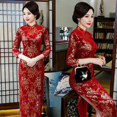 Chinese Dress Qipao for women Cheongsam velvet red long sleeve wedding dress dress gold long cheongsam