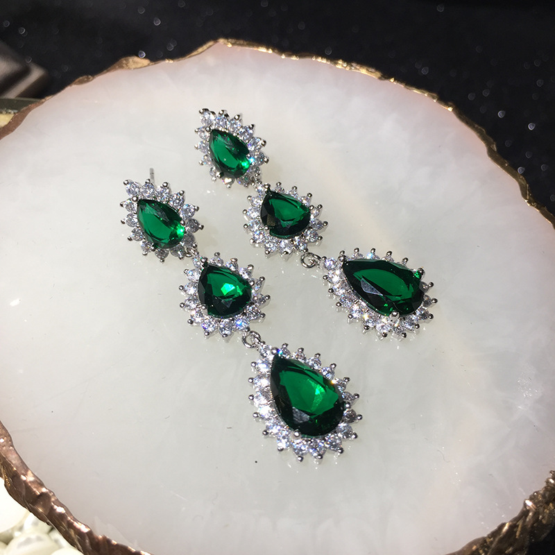 S925 Silver Needle Emerald Earrings Long Ultra Flash Accessories Water Drop Tassel Earrings display picture 8