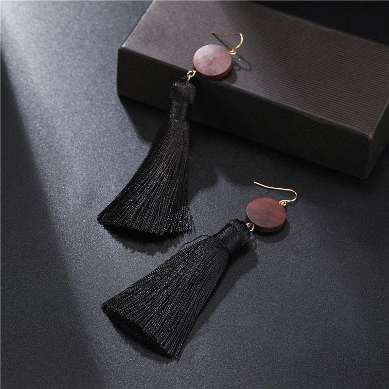 Retro Trendy Long Black Fringe Wood Earrings Wholesale Jewelry Women display picture 6