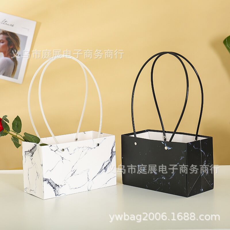 新款大理石纹盆栽鲜花手提袋花艺用品覆膜防水礼品袋情人节礼品袋