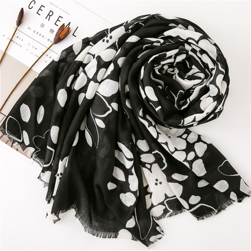 200g Weight Flower Pattern Women'S Gender Sweet Style Black And White Printed Cotton And Linen Scarf Sunscreen Scarf Silk Scarf Long Shawl 5
