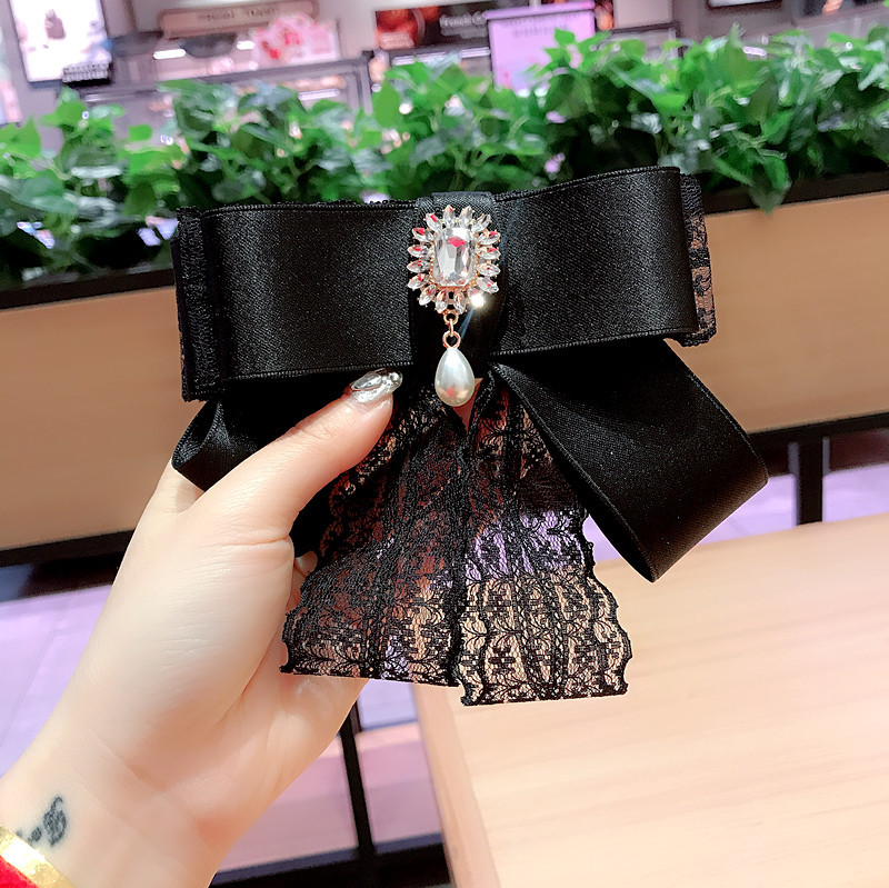Korean Dongdaemun Bow Tie Ladies Lace Collar Brooch Foreign Trade Bow Shirt Rhinestone Pin