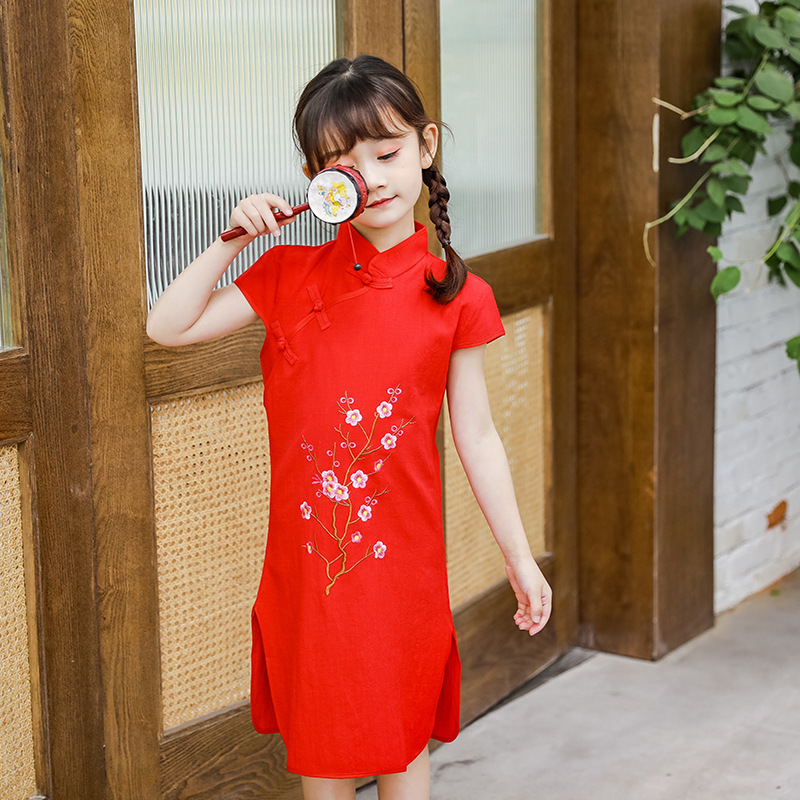 Red children Chinese Dress cheongsam girls Hanfu National Children Chinese Dress short sleeve cheongsam embroidered dress