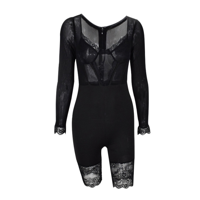 Europe and America cross border Amazon popular long sleeve splicing mesh lace sexy one-piece pants