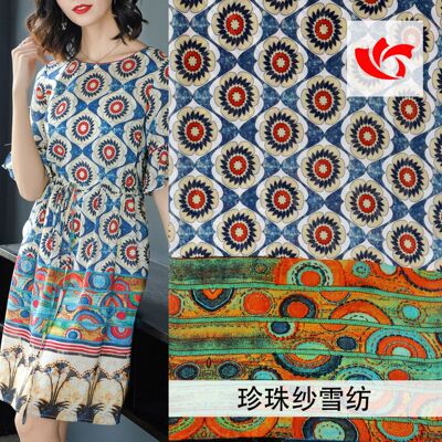 19新款爆款珍珠雪紡印花面料 定位連衣裙布料 廠家直銷現貨批發
