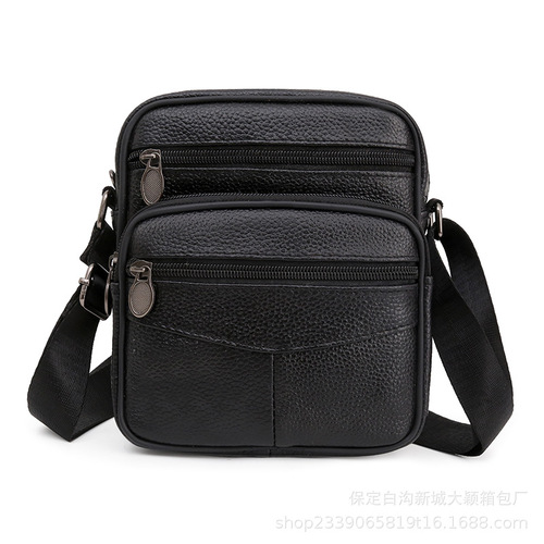 Wholesale genuine leather men's top grain cowhide unisex single-shoulder crossbody bag men's small bag with multiple zippers business bag