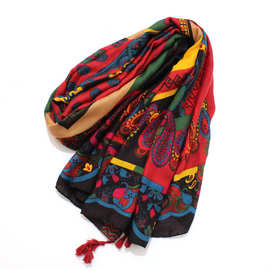 新款波西米亚民族风腰果花棉麻围巾女夏季海滩防晒披肩长款薄丝巾