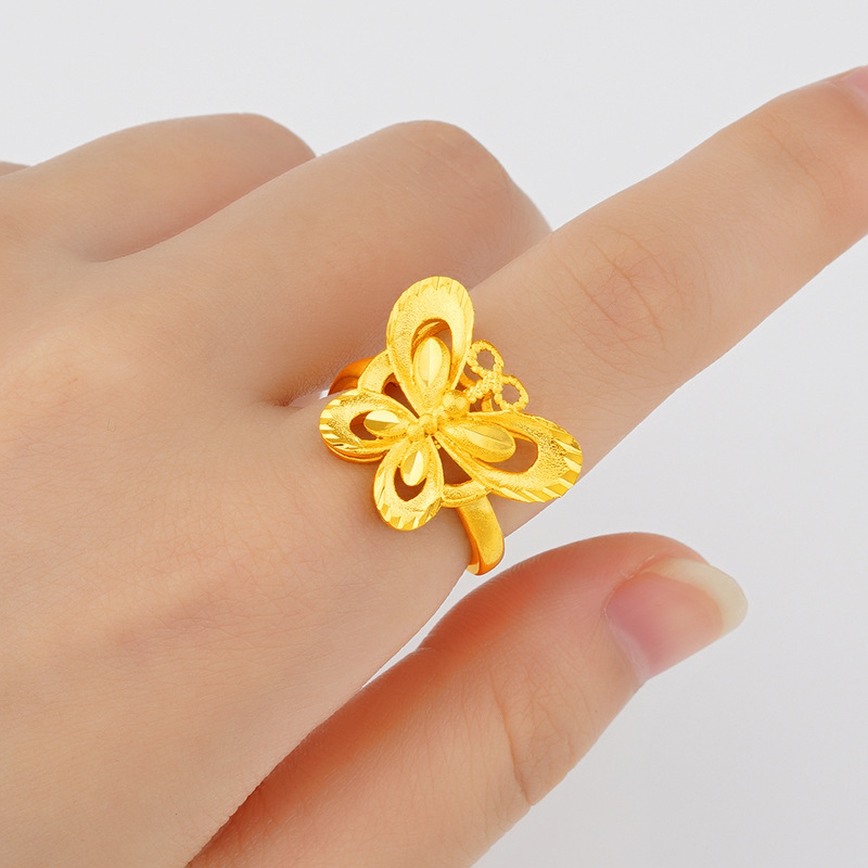 Explosivo transfronterizo de cobre chapado en oro mariposa apertura anillo femenino chapado 24K arenas doradas reales Oro Estilo Nacional anillo de moda