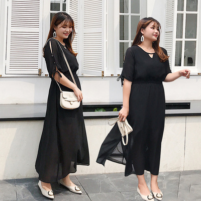 大碼女裝法式複古收腰顯瘦雪紡連衣裙　胖mm夏款加肥寬松長裙2023