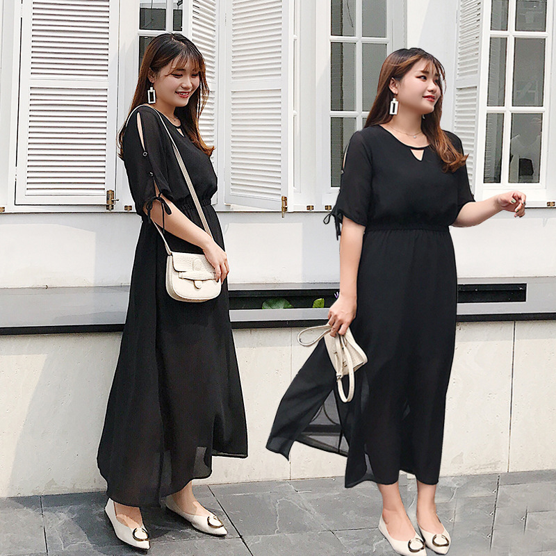 大碼女裝法式複古收腰顯瘦雪紡連衣裙 胖mm夏款加肥寬松長裙2023