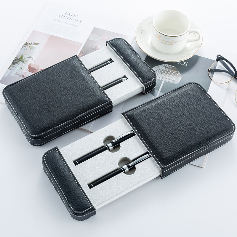 顺诺豪华抽拉式皮质钢笔盒双支装开槽签字笔盒圆珠笔高档包装盒