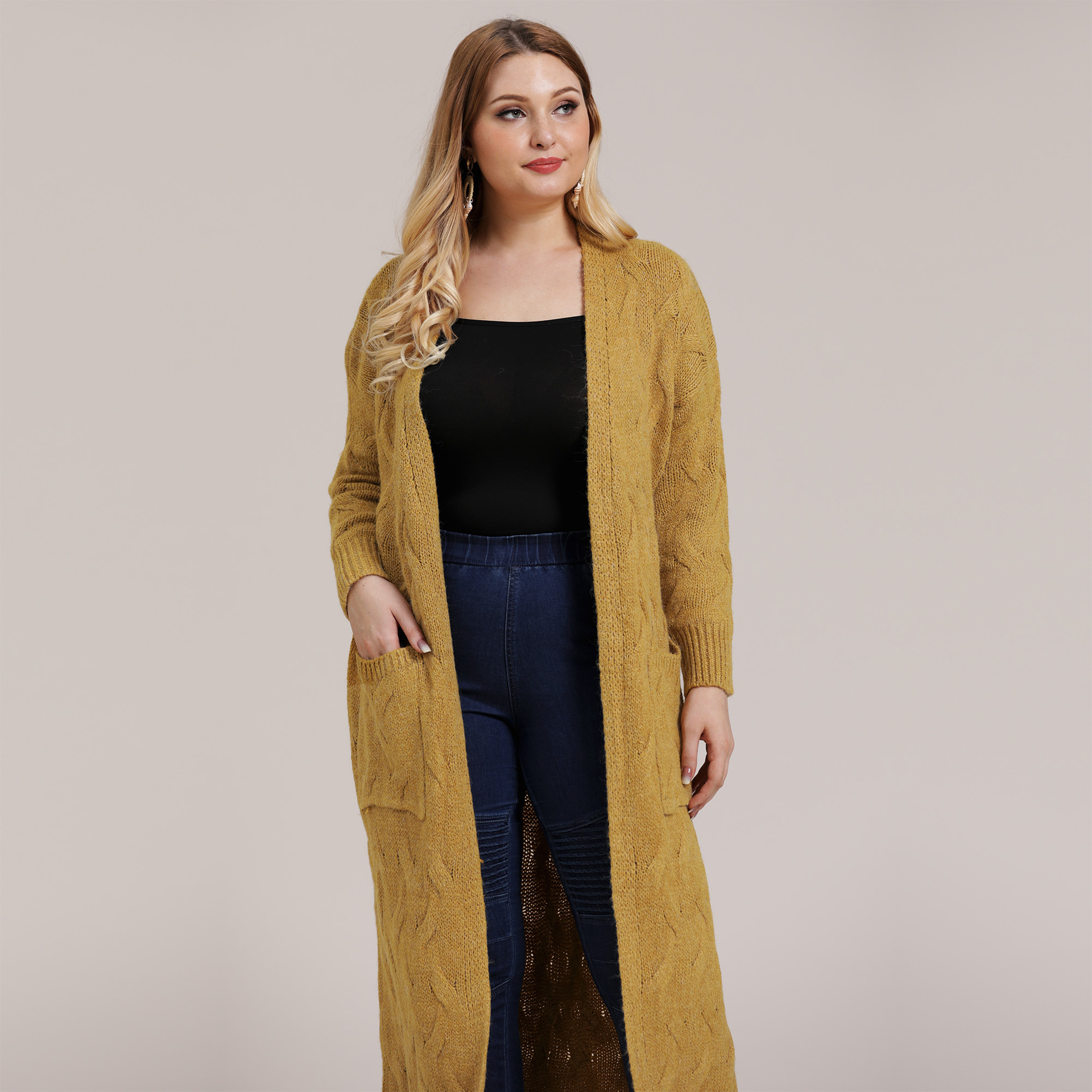 Plus size solid color knit cardigan NSOY45935