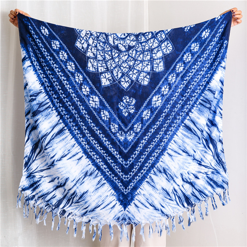 New National Style Handmade Tie-dye Blue And White Porcelain Cotton And Linen Scarf Travel Shawl Wholesale display picture 2