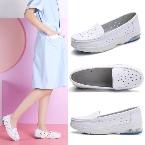  Nurse Shoes for Women, Soft Sole, Summer, Breathable, Casual, Flat Design, Comfortable—2019 New Arrival, Summer Style, Hollowed-Out Cowhide in White