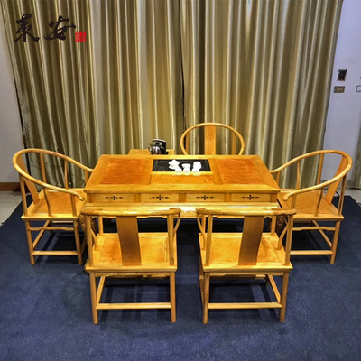 金丝楠家具缅甸大叶楠满水波纹虎腿泡茶桌七件套会议茶台茶桌