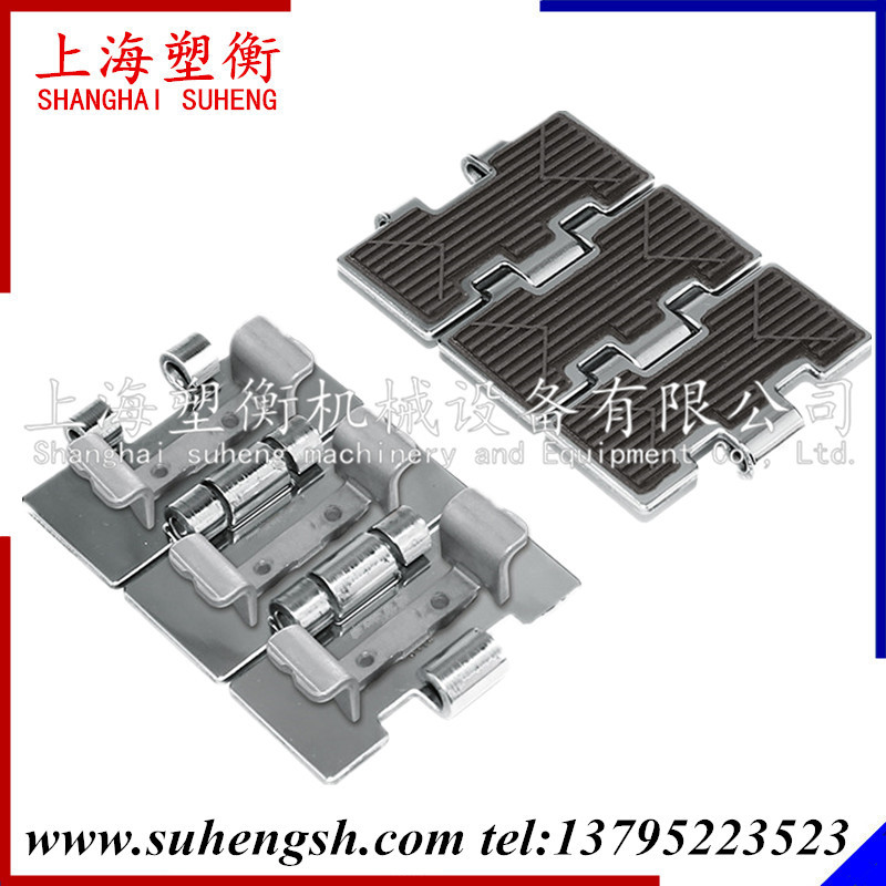 SS812-815TAB单铰防滑不锈钢链板直行金属链板加橡胶耐磨平顶链板