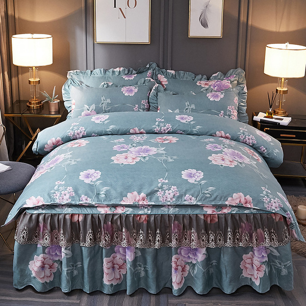 Cashmere double bed skirt four piece set of thickened frosted printed bedding