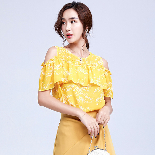 Printed round-necked loose Chiffon blouses new lotus-leaf-edged 