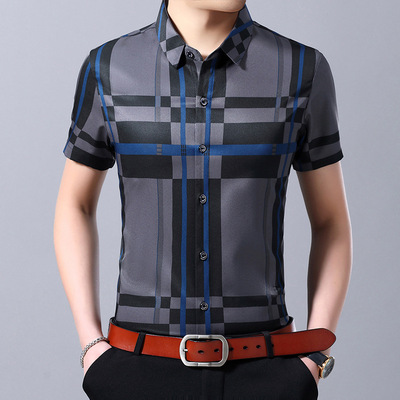 Careful 2020 Summer style Brand Men Silk Plaid Men's Lapel Short sleeved shirt Casual shirt M