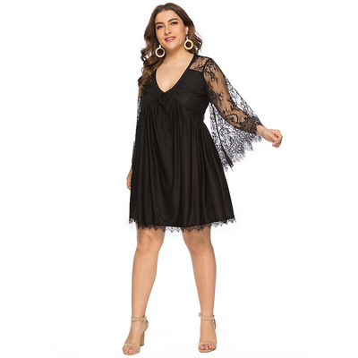 2020 new pattern Foreign trade Europe and America mm Big size dress Cross border Lace Long sleeve perspective sexy Dress