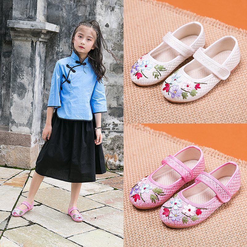 民族风特色儿童单鞋 魔术贴丝带绣花亚麻女鞋 一件代发春季款童鞋