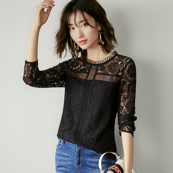 Autumn new round neck hollow long-sleeved lace shirt fashion shirt 