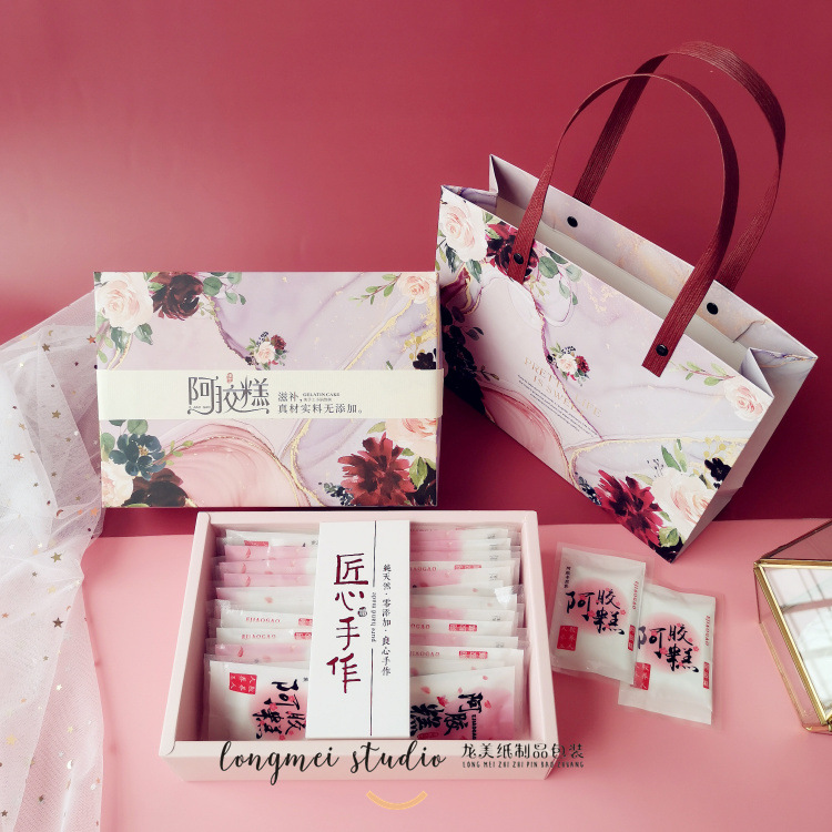森系酒红玫瑰阿胶糕包装500克阿胶糕礼盒手提袋固元膏红糖燕窝盒