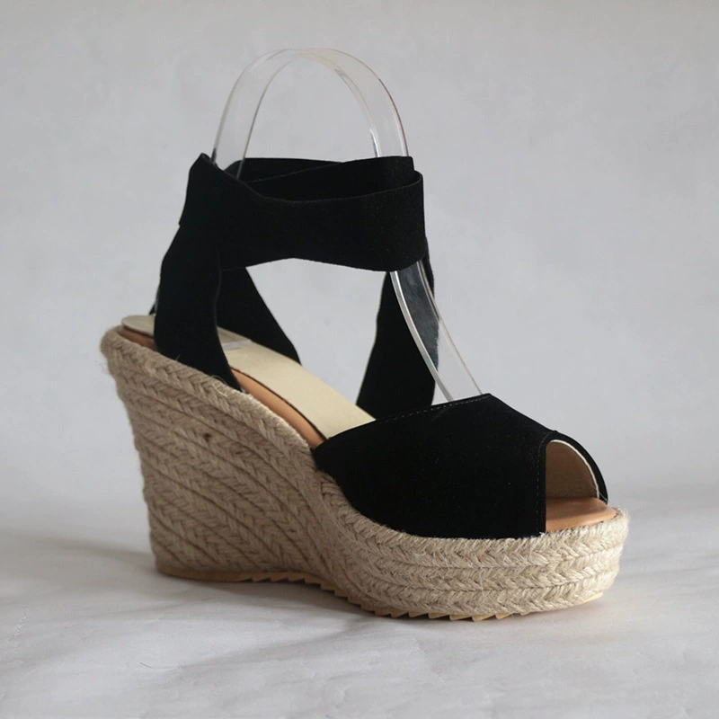 Сандалии наankle-strap из соломы на танкетке, верх PU, каблук 10 см, размеры EU 34–43, плюс-сайз