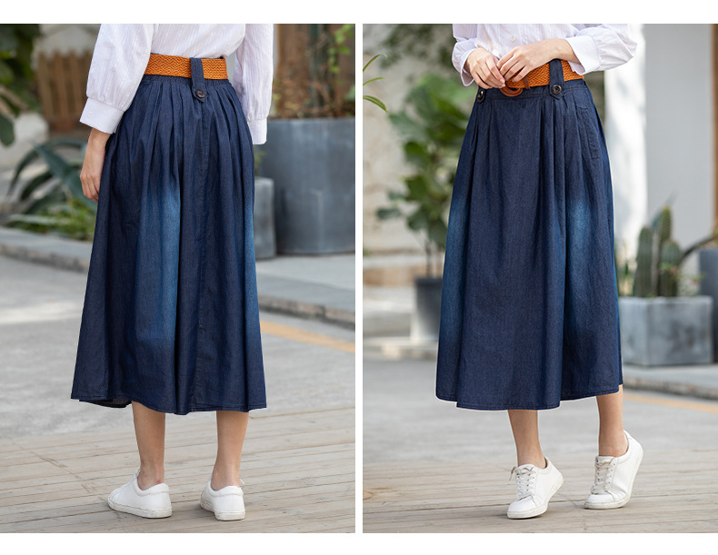 autumn plus size thin high waist mid-length pleated denim skirt   NSDT9083