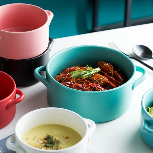Creative ceramic double-ear soup pot household soup bowl salad baked rice bowl kitchen hotel tableware ornaments set