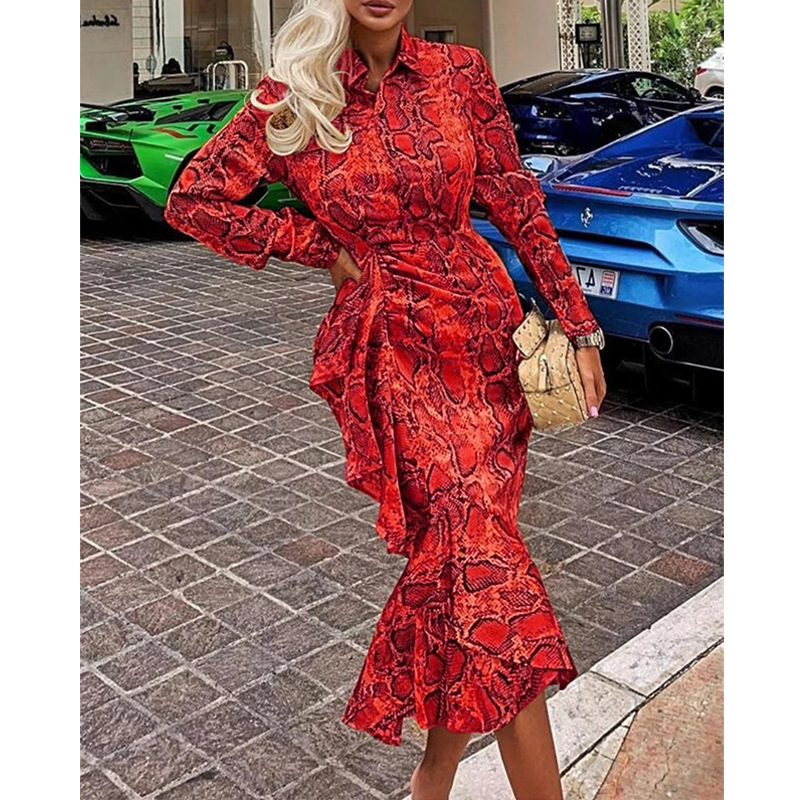 snake print long-sleeved lace-up mid-length dress  NSJZC123753