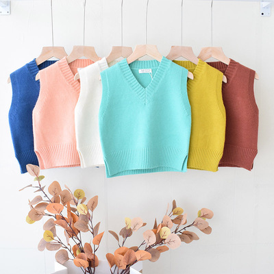纯色儿童毛衣男女童百搭V领针织马甲初秋毛线洋气背心小坎肩|ms