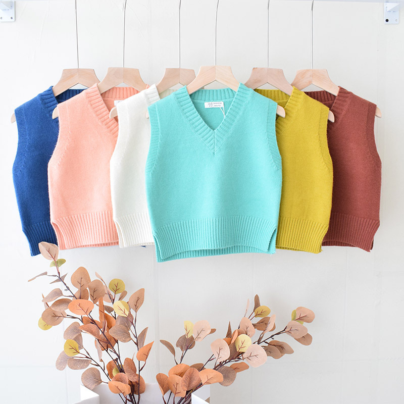 纯色儿童毛衣男女童百搭V领针织马甲初秋毛线洋气背心小坎肩|ms
