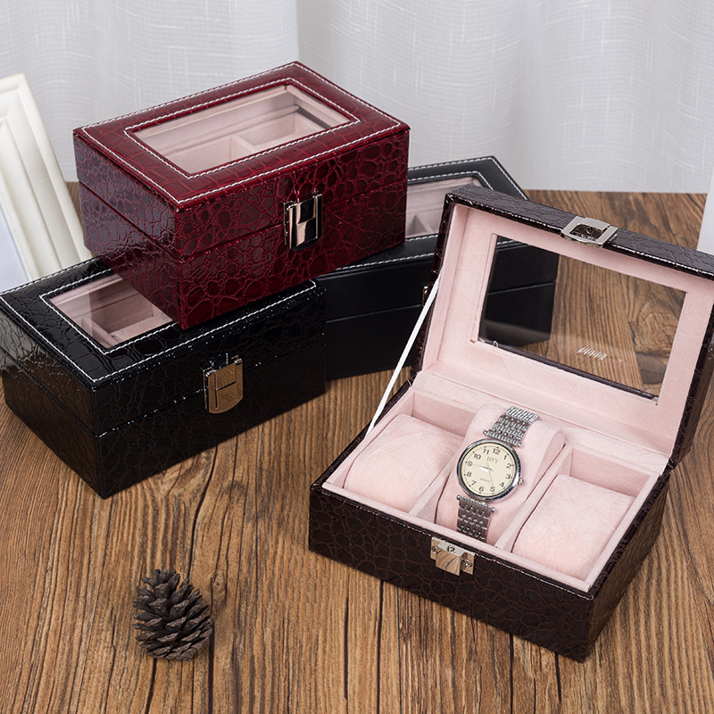 现货批发玻璃开窗PU手表盒 木质材料腕表包装盒 手表礼品盒子LOGO