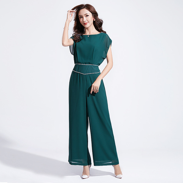 Summer New Round-collar Slim-waisted Tie with Broad-legged Pants 