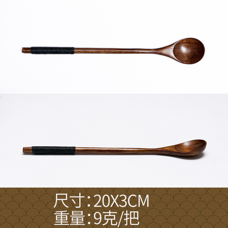 Fábrica al por mayor cuchara de madera maciza cuchara creativa cuchara de café cuchara de mezcla miel cuchara japonesa mango largo bobinado cuchara de madera