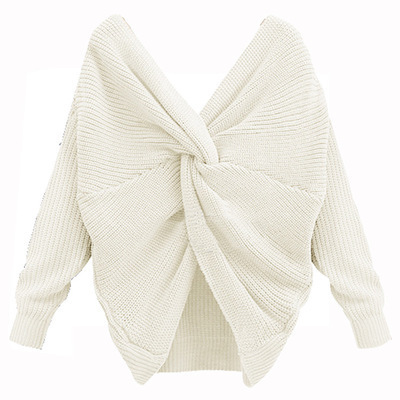 V-Neck Open Back Irregular Cross-Knot Pullover Sweater NSSX89370