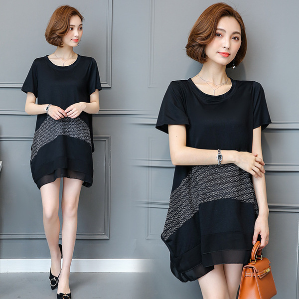 New Round-collar Irregular Stitching Medium-long T-shirt Loose