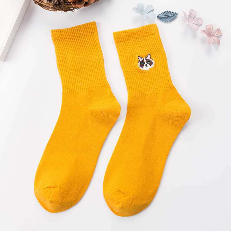 Cat Embroidered Sock Brick Red