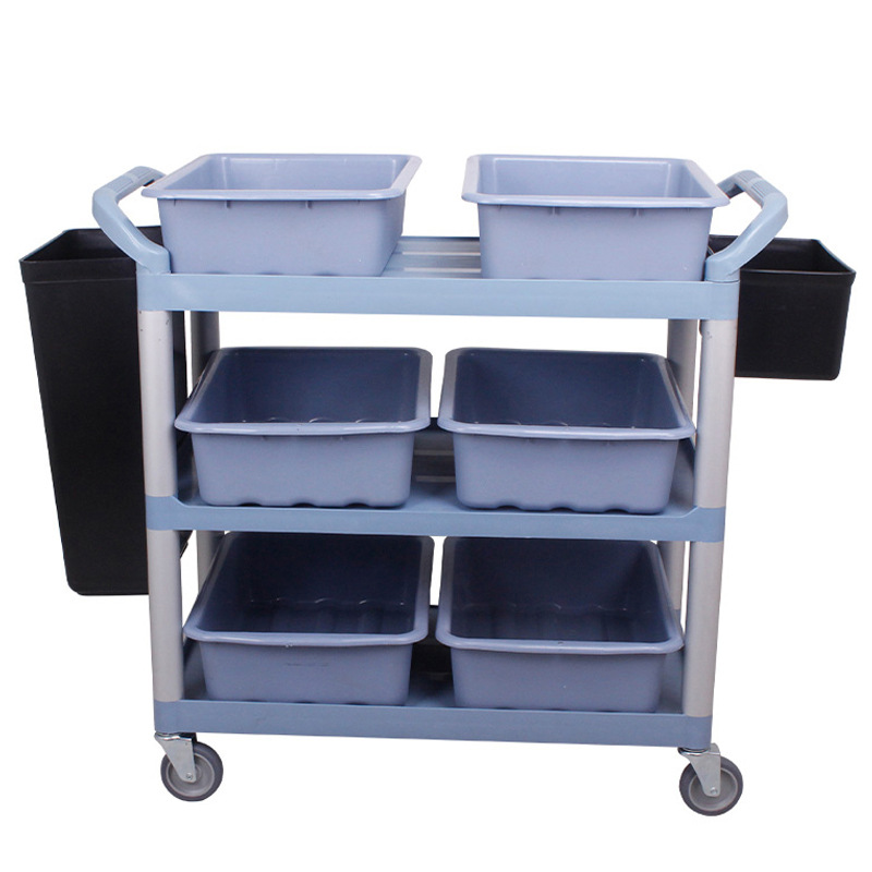 餐厅饭店大号塑料三层手推收碗车带挂桶餐厅收集车塑料送餐车酒店
