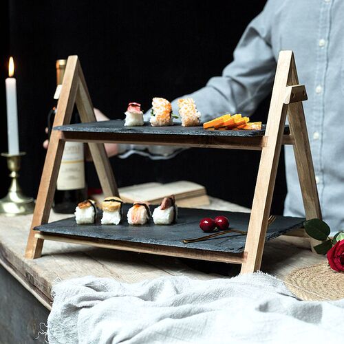 European double-layer solid wood cake stand wedding living room fruit plate Western restaurant slate dessert stand dessert cheese plate