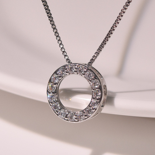 Silver Necklace Women's Collarbone Chain Fashion Internet Celebrity Light Luxury Niche Ins Korean Version Simple Elegance Full Diamond Circle Geometric Pendant 