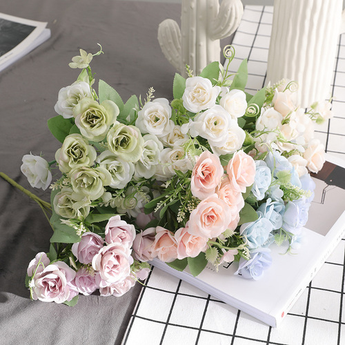 Factory direct sales home desktop decoration simulated rose bouquet wedding road layout fake flowers 5 forked happy roses