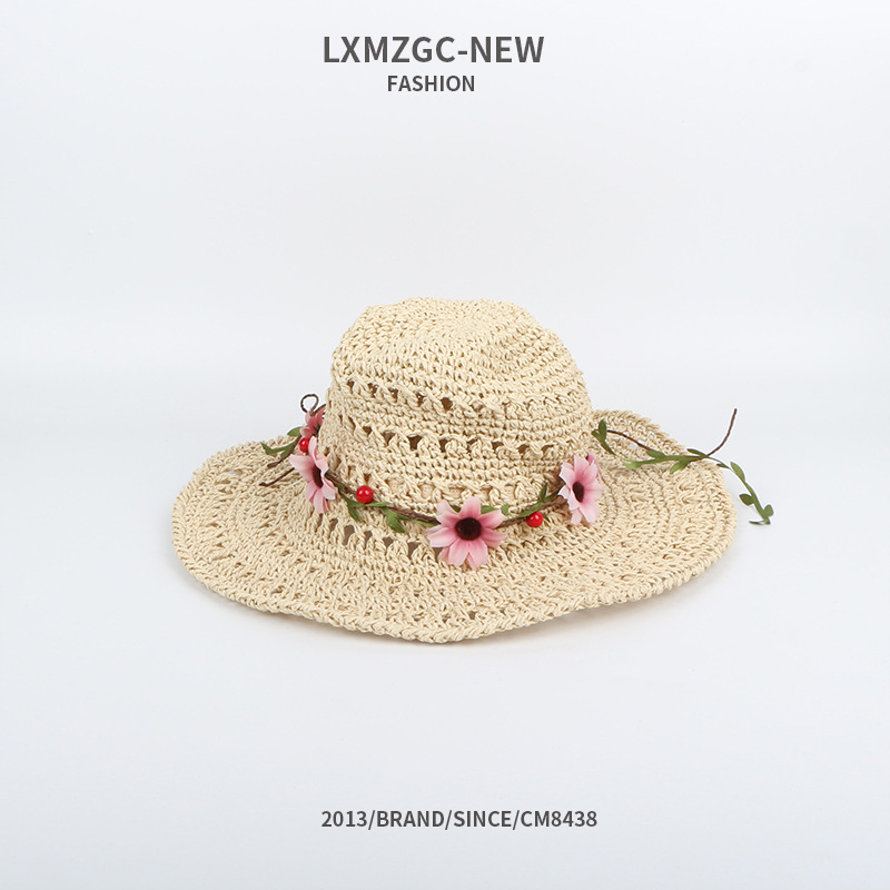 Chapeau De Paille Crocheté À La Main Pur Crème Solaire À Fleurs Pliable De Style Coréen display picture 3