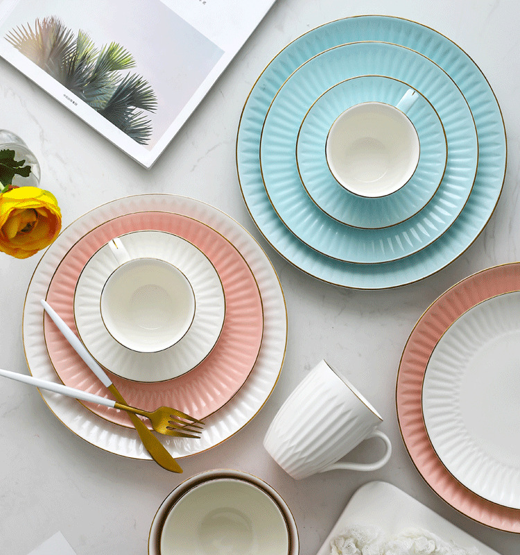 Nordic simple borde dorado esmalte vajilla alivio creativo plato de cerámica plato de alivio plato grande sopa tazón taza de café y platillo