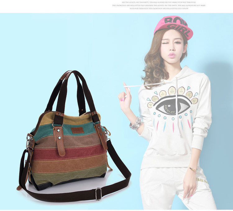 2024 New Rainbow Striped Fashion Splicing Women's Washable Canvas Shoulder Bag_voghion.com